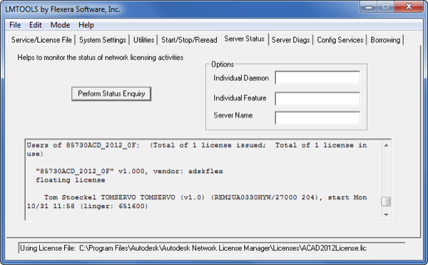 Server status window showing borrowed licenses